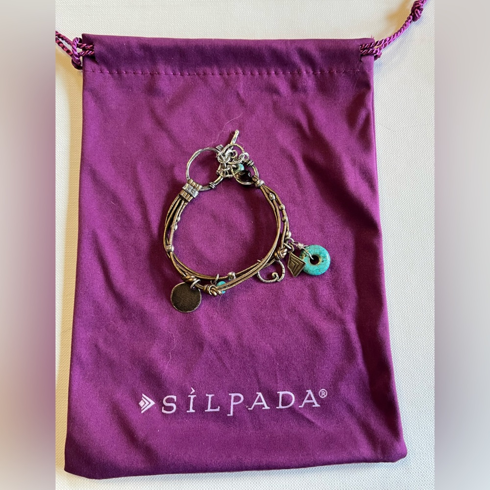 Silpada Bracelet with Turquoise and Silver Charms on Bronze Cords